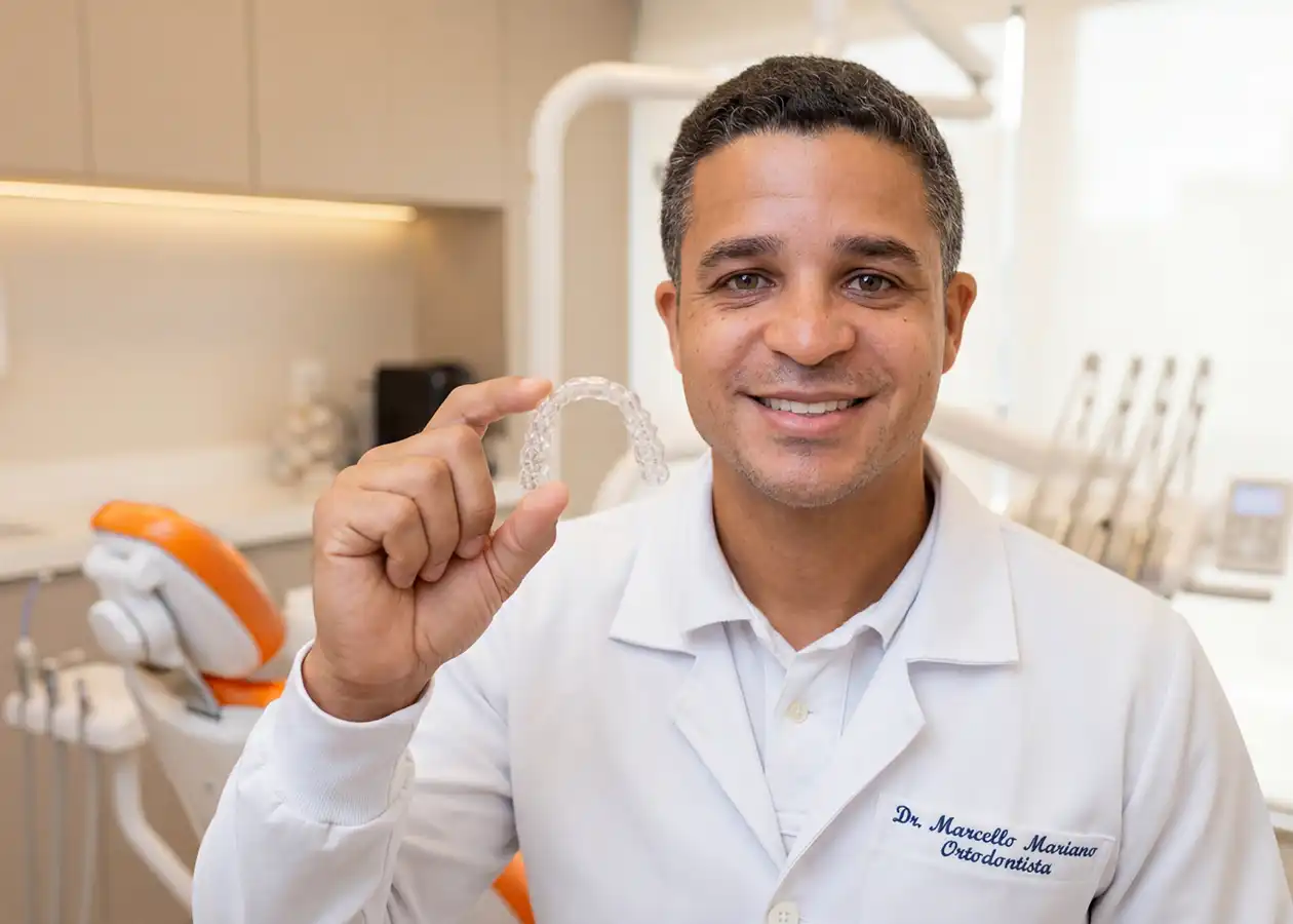 Dr. Marcello Mariano segurando alinhador invisível